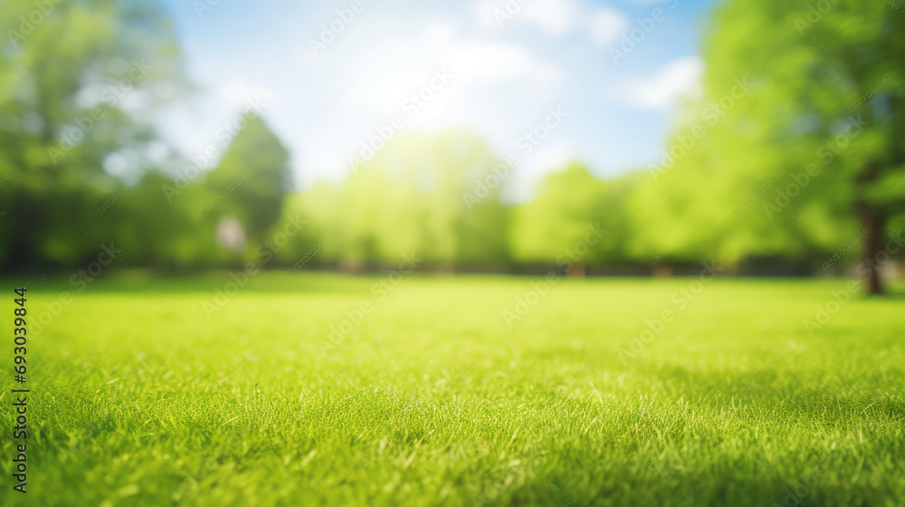Wall mural beautiful blurred background image of spring nature with a neatly trimmed lawn surrounded by trees a