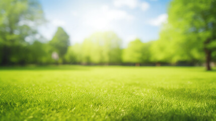 Fototapeta na wymiar Beautiful blurred background image of spring nature with a neatly trimmed lawn surrounded by trees against a blue sky with clouds on a bright sunny day