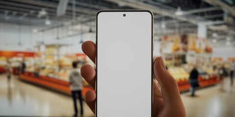 CU 30s Caucasian male holding a phone in grocery store, blank screen