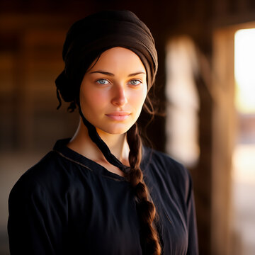Amish woman portrait, serene expression, rural backdrop.
