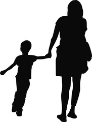 Mother in casual clothes walks holding a little boy by the hand silhouette