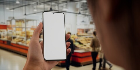 CU 30s Caucasian female holding a phone in grocery store, blank screen