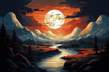 Mountain river under the full moon, illustration