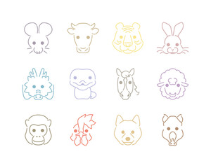 干支・十二支の動物12種類のアイコン素材セット（和風のカラー）
