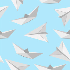 Seamless pattern of paper white boats and airplanes on a blue background.Vector pattern for textiles, paper.