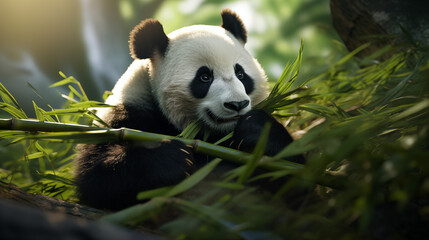 A Serene Panda Bear Resting in the Lush Green Grass