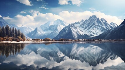A tranquil lake reflecting the snow-capped peaks of distant mountains under a cloud-strewn sky. Keywords