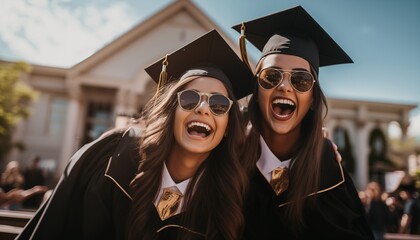 Two happy graduation college or university students in graduate caps and sunglasses agains the educational campus background on bright sunny day