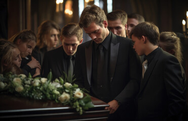 Death, funeral and family touching coffin in a church, sad and unhappy while gathering to say farewell. Church service casket and sad man and woman looking upset while greeting, goodbye and rip - obrazy, fototapety, plakaty