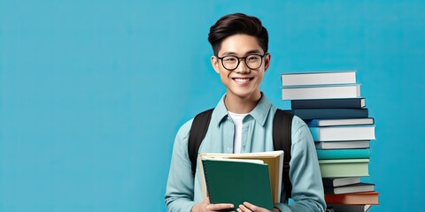 A cheerful asian schoolboy with glasses and a backpack, holding books, smiling and studying. - obrazy, fototapety, plakaty