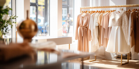 A luxurious boutique showcasing a stylish collection of dresses, clothes, and accessories in a modern setting.