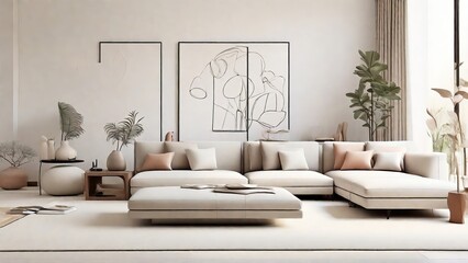 Modern Minimalist Drawing Room with Beige Sofa and Abstract Art