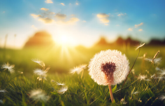 dandelion flower heart shape over nature blurred background summer day