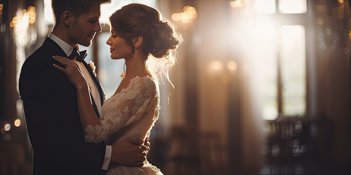 A romantic wedding scene with a happy couple embracing in elegant attire.