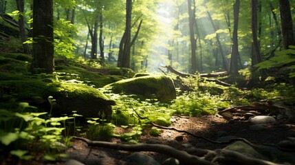 Sunlight filtering through the dense foliage, casting enchanting patterns on the forest floor. Keywords