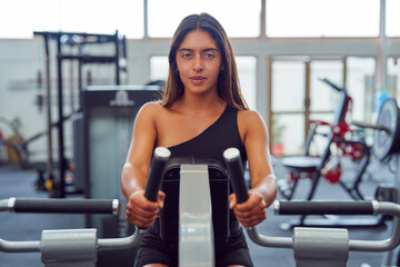 Fototapeta premium front view latin woman doing back muscle exercise on a machine at the gym