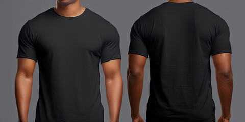 A commercial mockup featuring a fit African model presenting a T-shirt with front and back designs.