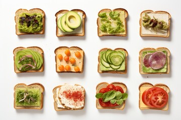 A vegetarian toast assortment with avocado, cucumber, tomato, cheese, and other fresh ingredients.