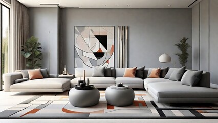 Modern Drawing Room with Gray Sectional Sofa and Orange Accents