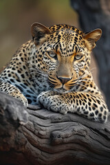 leopard with black spots is resting on a tree branch, its head on its paws, against a blurred background of trees and foliage, ai generative
