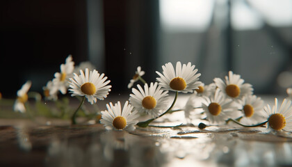 Fresh chamomile blossom reflects beauty in nature tranquil meadow generated by AI