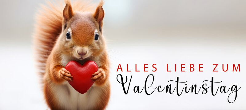 Alles Liebe zum Valentinstag, Grußkarte mit deutschem Text - Niedliches stehendes Eichhörnchen hält rotes Herz , isoliert auf weißem Hintergrund