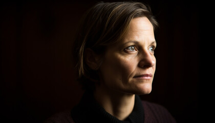 Serious contemplation of beauty in young adult close up headshot generated by AI