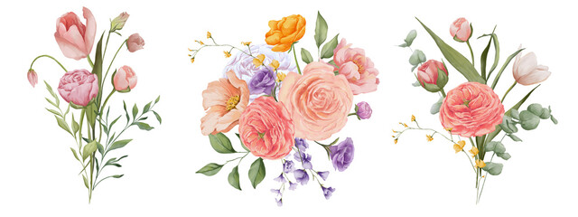 Watercolor floral bouquet. Colorful floral spring bouquets