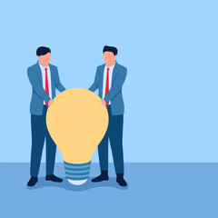 people holding idea lamps together, metaphor of mergers and acquisitions. Simple flat conceptual illustration.