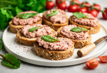 bruschetta with duck liver pate, selective focus