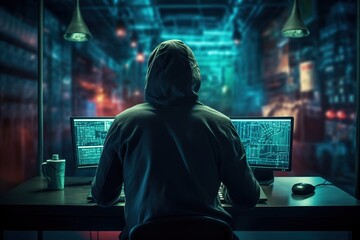 Cybercriminal sits behind computer hacking system engages in illegal activities