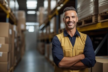 Happy male warehouse worker crossing his arms and smiling at camera - obrazy, fototapety, plakaty