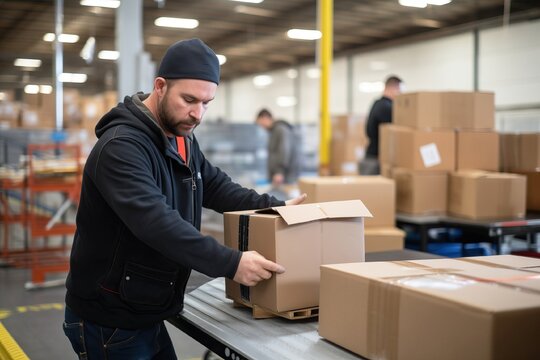 Male warehouse worker efficiently packing goods in carton box