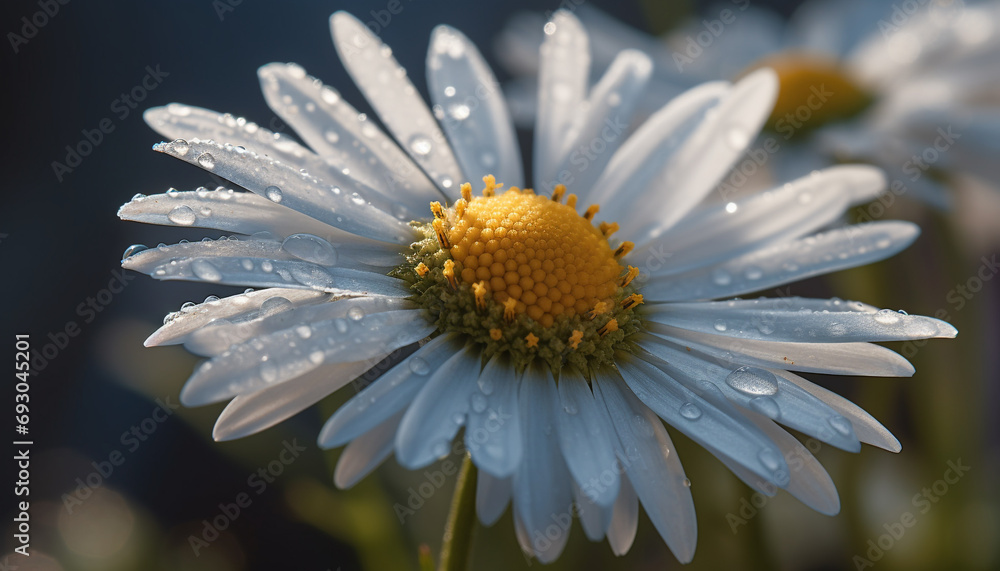 Poster vibrant chamomile blossom reflects wet meadow in summer sunlight generated by ai