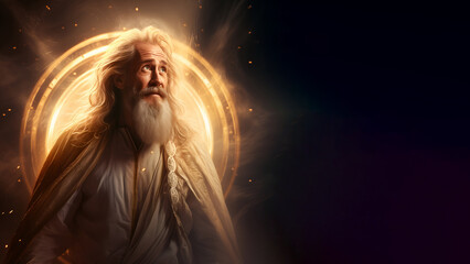 Close up portrait of a Prophet with bright yellow halo behind him, isolated on black background,  copy space, 16:9