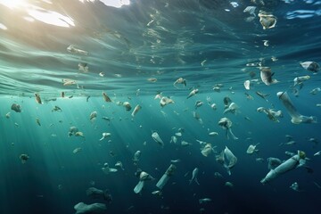 Fototapeta premium Underwater Plastic Waste Dumping: Source Water Pollution Environmental Damage