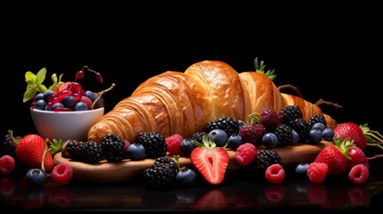 Fototapeta na wymiar A croissant with berries on a black background
