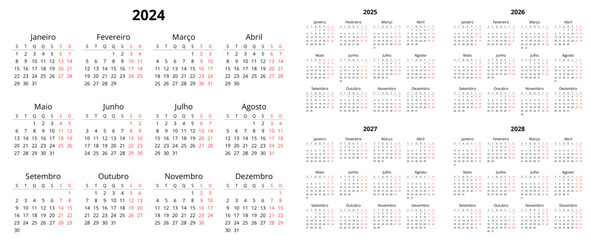 PORTUGUESE calendars 2024, 2025, 2026, 2027, 2028 years. Printable vector illustration set for Portugal - obrazy, fototapety, plakaty