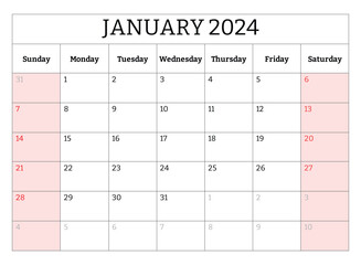 ENGLISH January 2024 calendar. Vector editable illustration