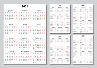 2024, 2025, 2026, 2027, 2028 vertical portuguese calendars. Printable vector illustration set for Portugal