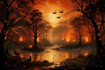 Vibrant Forest Fire with Birds Flying - Realistic Nature Photography