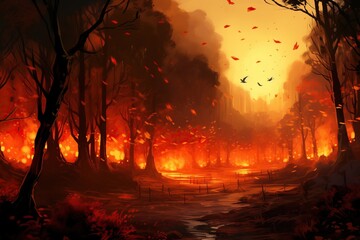 Vibrant Forest Fire with Birds Flying - Realistic Nature Photography