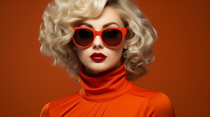 portrait of a orange dressed blonde retro style woman with glasses and red lips - obrazy, fototapety, plakaty