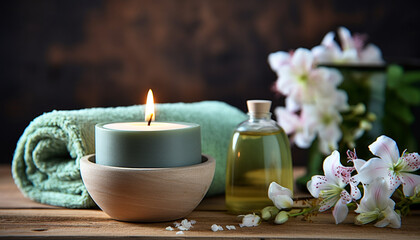 Fototapeta na wymiar Relaxation, candle, nature, flower, wood, freshness, spa treatment generated by AI