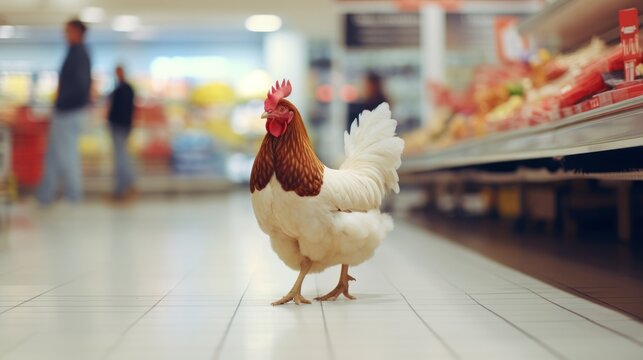 A couple of chickens standing on top of a tiled floor in a store