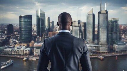 A businessman in a suit looking out over a city