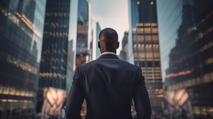 A businessman in a suit looking out over a city - obrazy, fototapety, plakaty