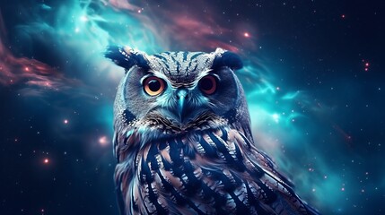 A close up of an owl with a sky background