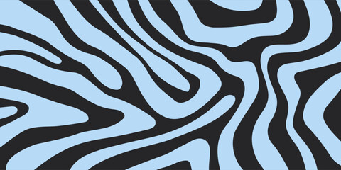 Trendy horizontal background with blue waves in style retro 60s, 70s. Colorful wavy background in blue and black color. Distorted vector texture in retro psychedelic style. Vector illustration - obrazy, fototapety, plakaty