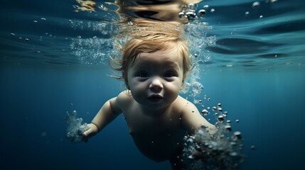 A baby swimming under the water in a pool - obrazy, fototapety, plakaty